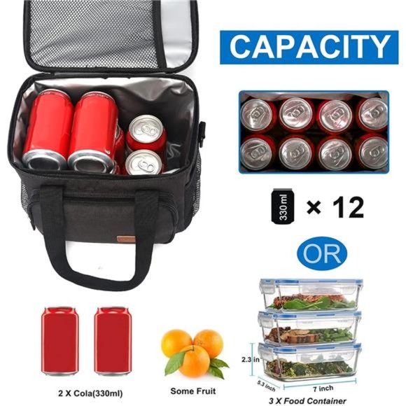 Men' Insulated Lunch Bag Leakproof Lunch Box w/Adjustable Shoulder Strap - Black - Picture 2 of 7